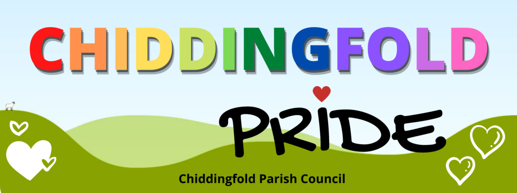 Rainbow coloured text reading Chiddingfold Pride
