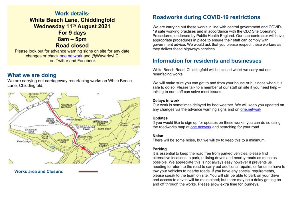 extract of highways leaflet showing details of road closure - pdf version in link above