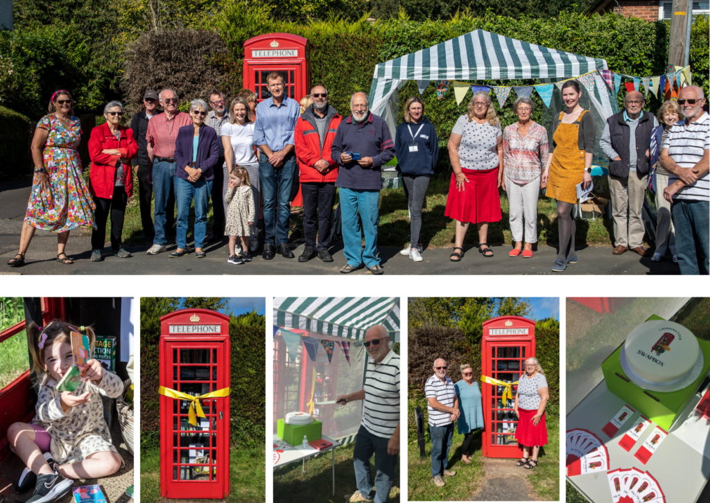 montage of photos from Swapbiox luanch showing the box with yellow ribbon, attendees and volunteers, cake and bookmarks
